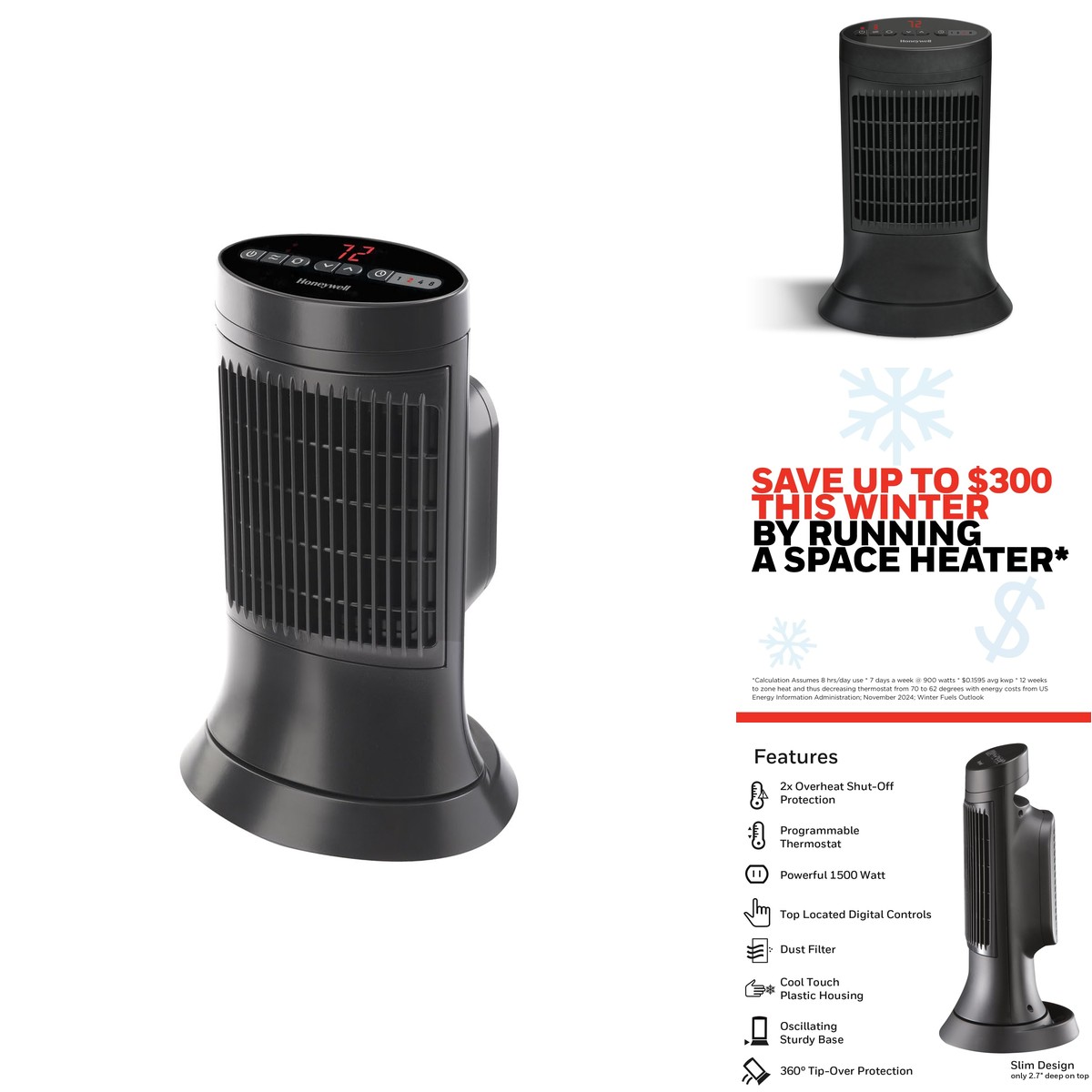 Honeywell Slim Ceramic Tower Heater, Small Room, Black Easy Use Slim Space
