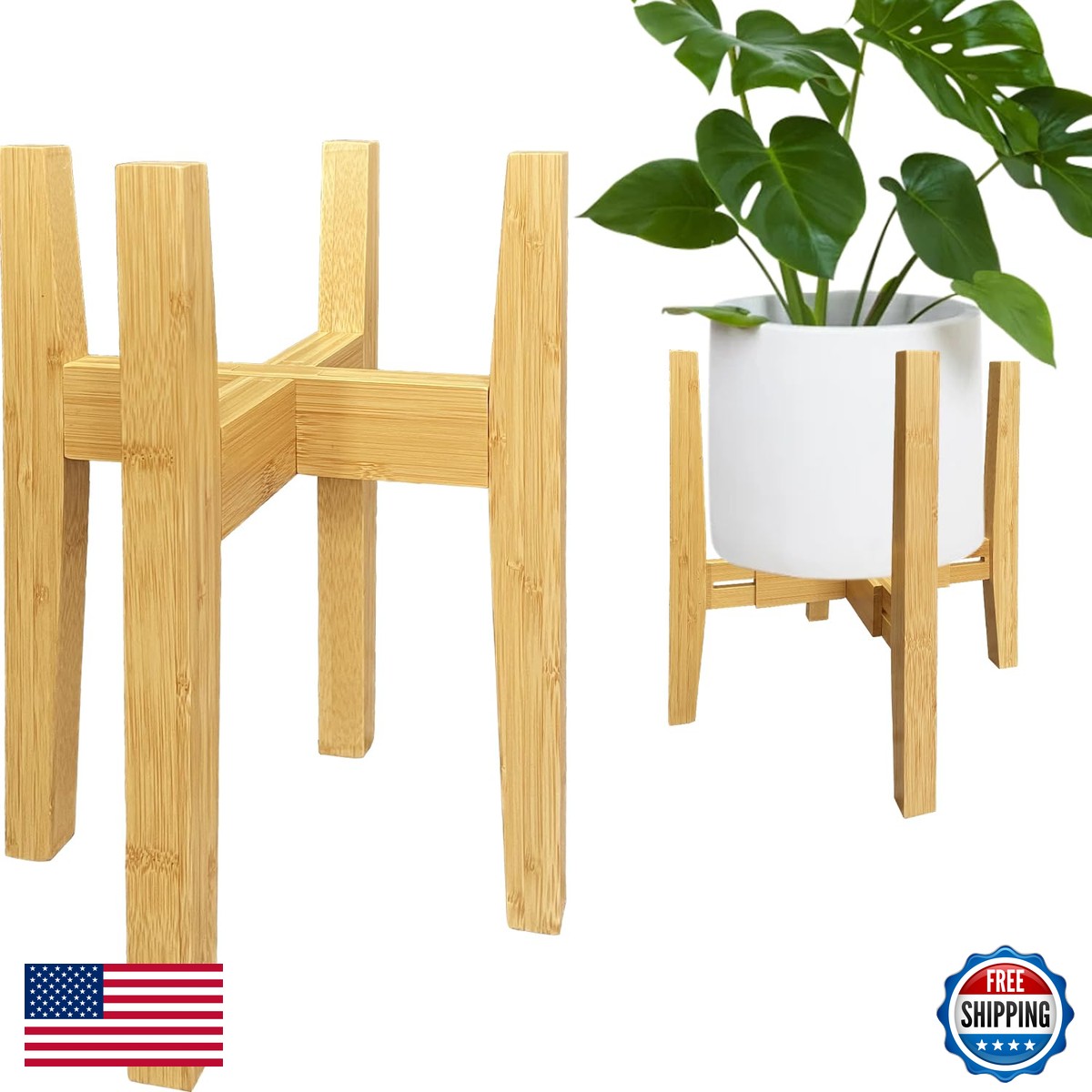 Sholramo Adjustable Bamboo Plant Stand 8.2-11.8 in Mid Century Modern Corner