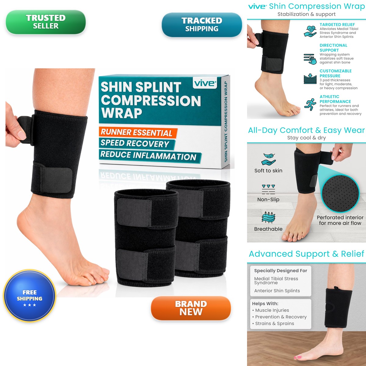 Vive Shin Splint Compression Wrap (Pair) - Adjustable Brace