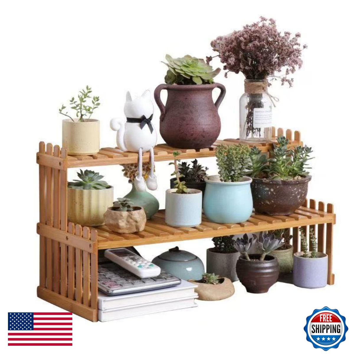 GURECOD 22.8" Bamboo 2-Tier Plant Stand Shelf Desktop Flower Pot Holder Rack