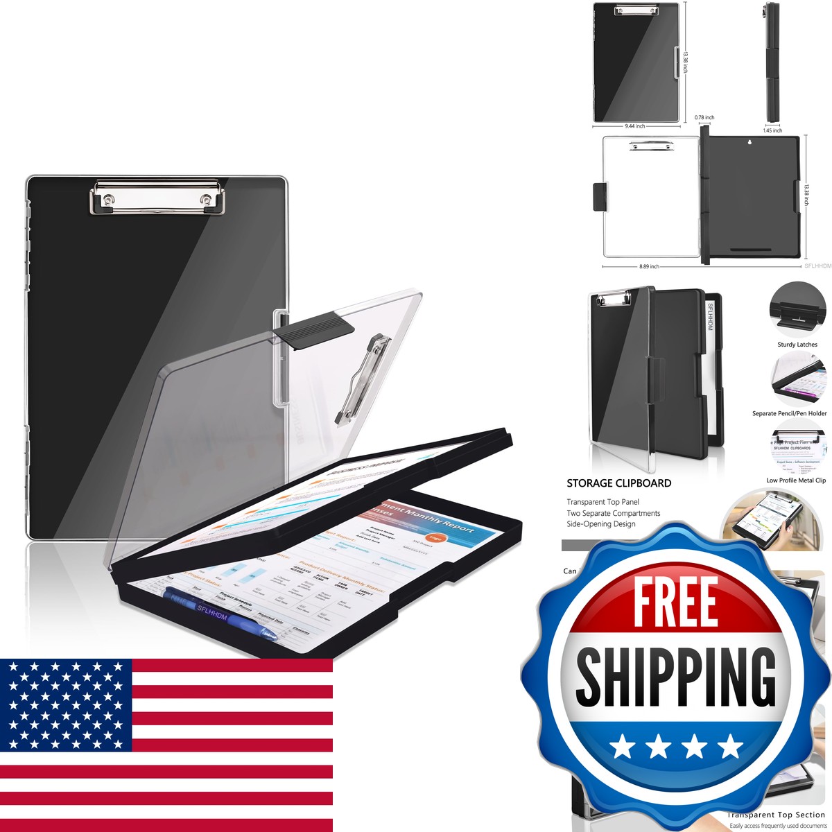 SFLHHDM Heavy Duty Clipboard 8.5x11 with 2 Storage Case - Black